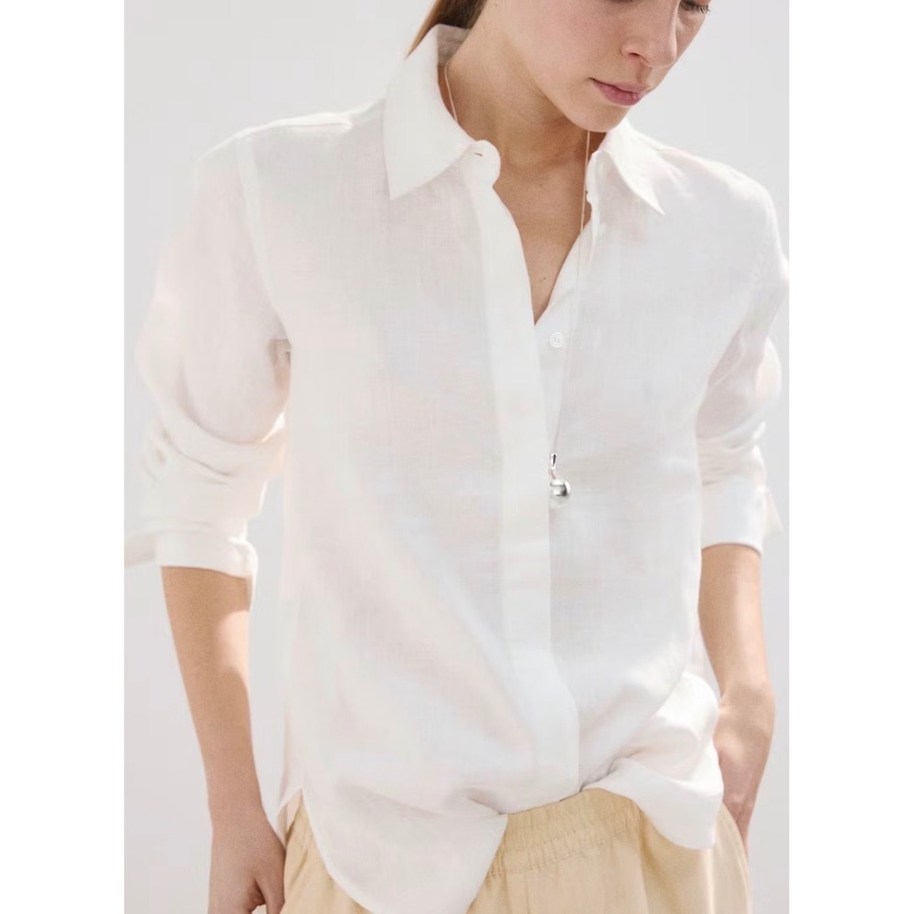 Mango MNG White 100% Linen Button Up Shirt Long Sleeve Blouse Womens Size 4 S